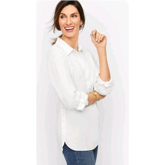 Talbots Women’s 100% Linen Popover Blouse White M Coastal Roll Tab Button Top - Picture 2 of 11